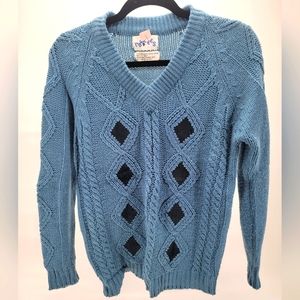 Vintage Harpees Crochet Handmade Suede Leather Retro 70s Sweater V Neck Blue M
